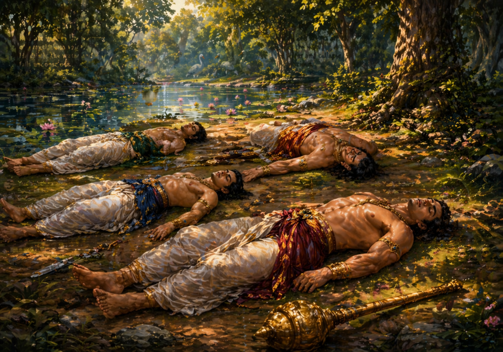 Pandava brothers Bhima, Arjuna, Nakula and Sahadeva lying unconscious near a forest lake in Yaksha Prashna story