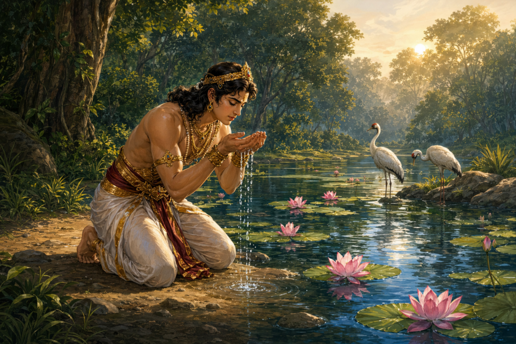 Nakula drinking water from a forest lake with lotus flowers and cranes in the Yaksha Prashna story from Mahabharata