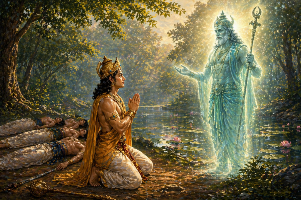 Yudhishthira respectfully answering the Yaksha’s questions beside a mystical lake in the Mahabharata story