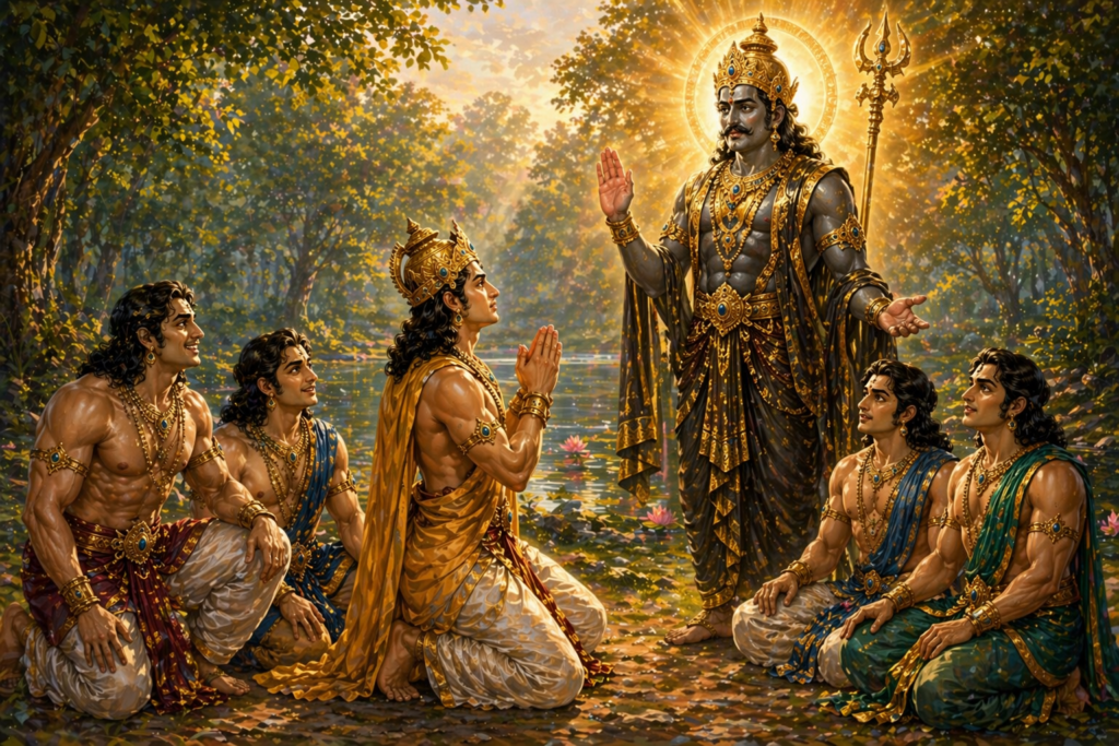 Lord Yama revealing his divine form and reviving the Pandavas after Yaksha Prashna in Mahabharata