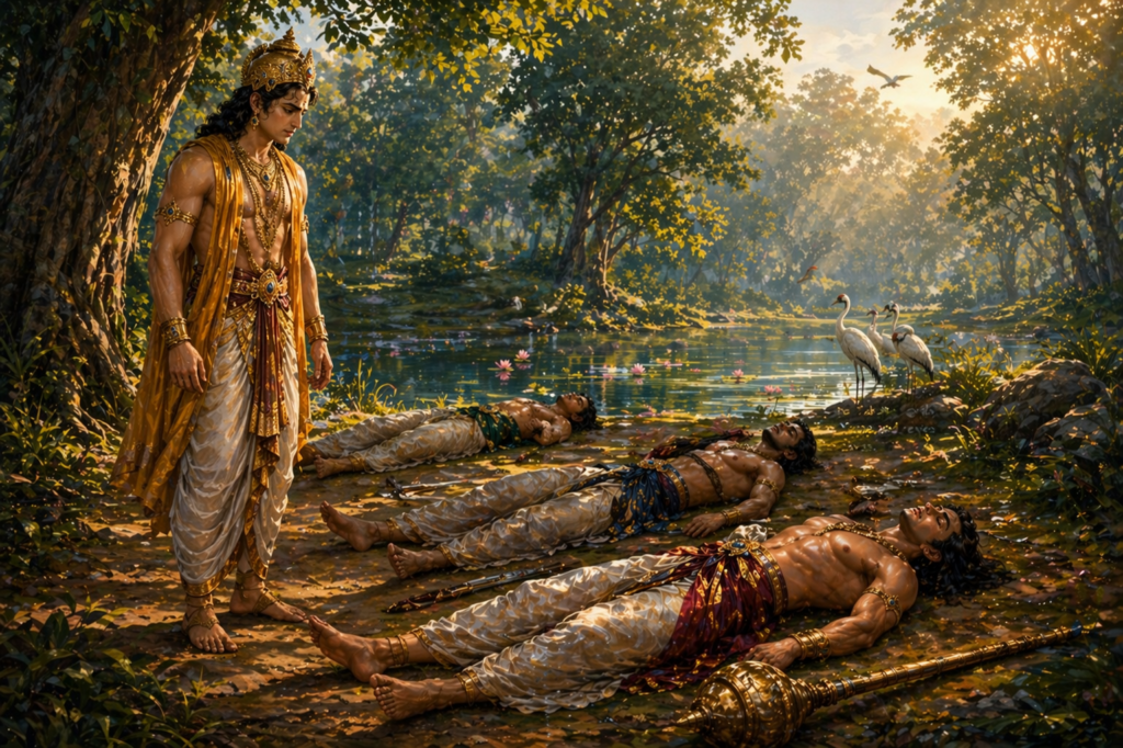 Yudhishthira seeing his brothers lying unconscious near the lake in Yaksha Prashna from Mahabharata
