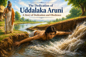 Aruni blocking water with his body in a field, showing dedication to his guru.