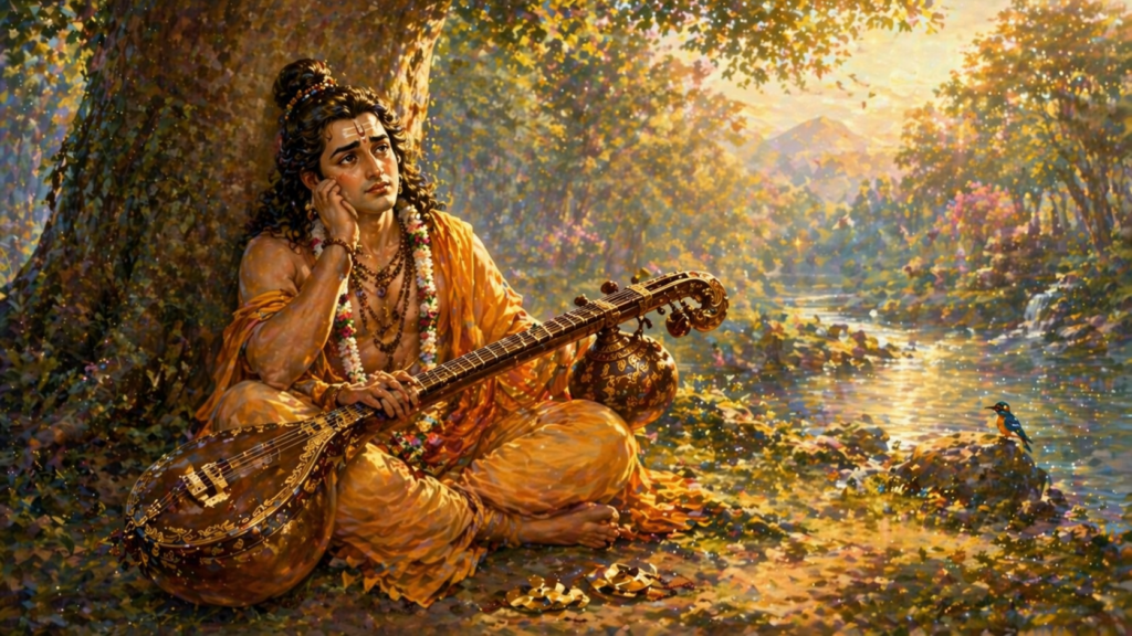 Sage Narada sitting under a tree with veena feeling sad and thoughtful in peaceful forest setting