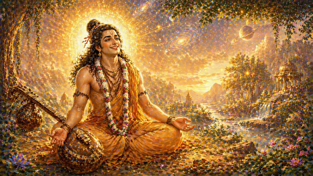 Sage Narada meditating peacefully with divine glow after gaining true knowledge and happiness