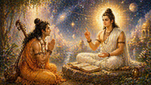 Narada bowing respectfully before sage Sanatkumara in a calm ashram in Hindu mythology