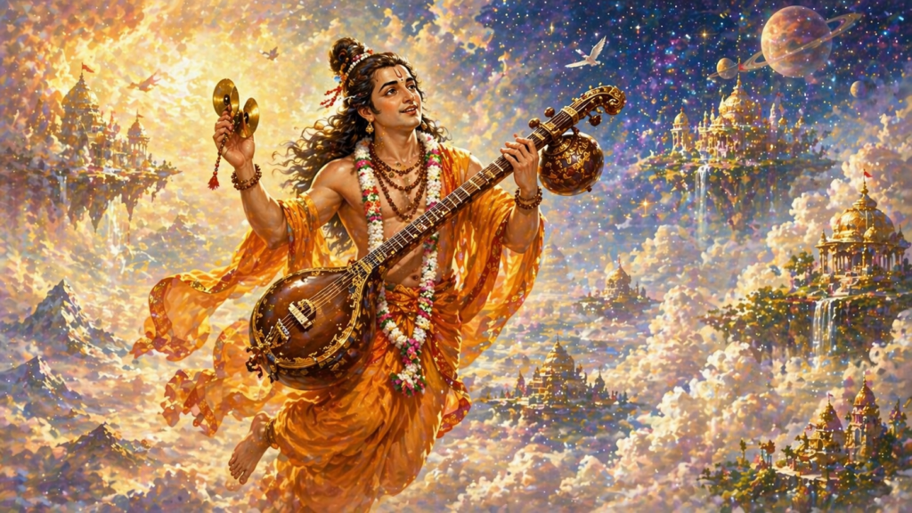 Sage Narada flying through celestial worlds playing veena and singing in Hindu mythology story