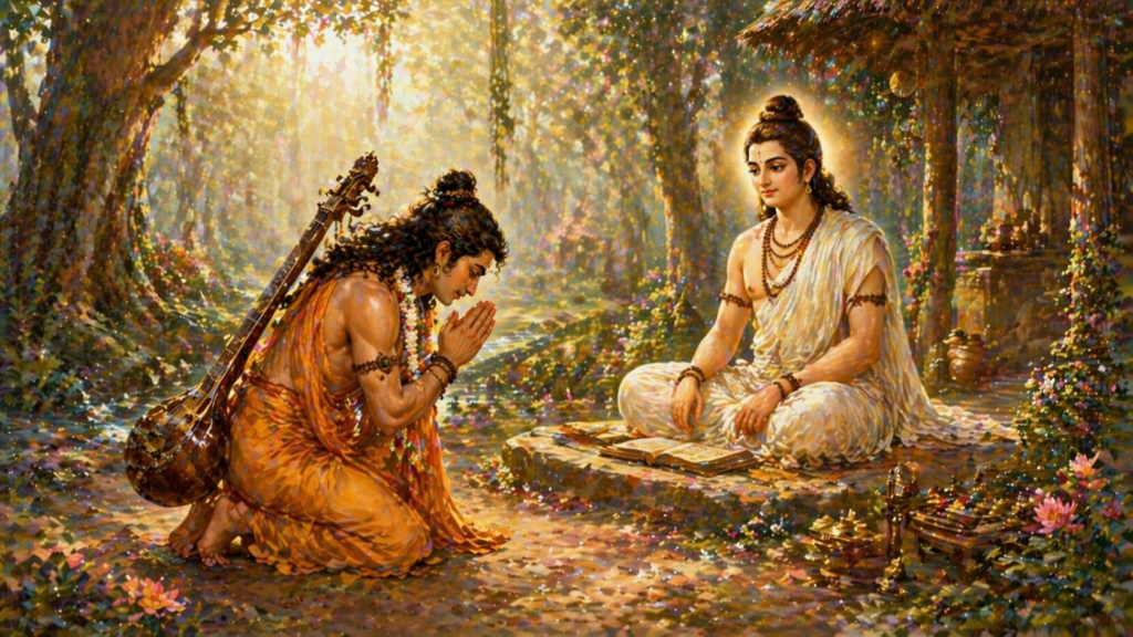 Sanatkumara teaching spiritual wisdom to Narada with divine light and cosmic background