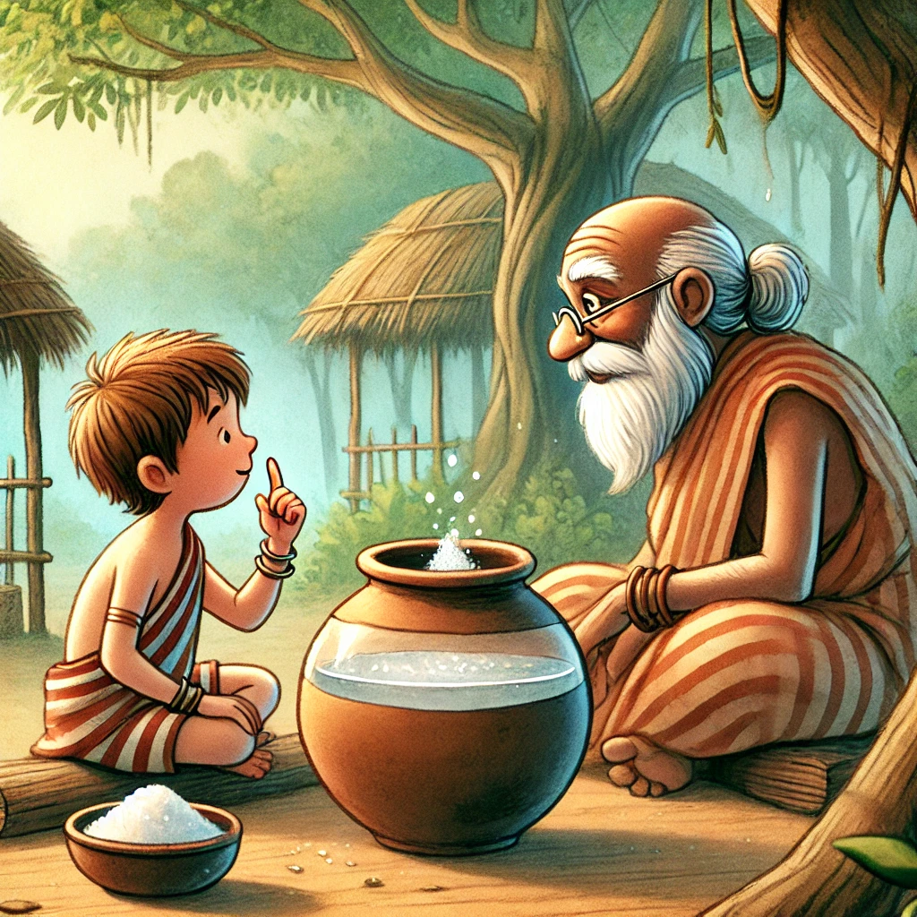 Sage Uddalaka teaching Shvetaketu the meaning of Tat Tvam Asi – Upanishad story for kids2