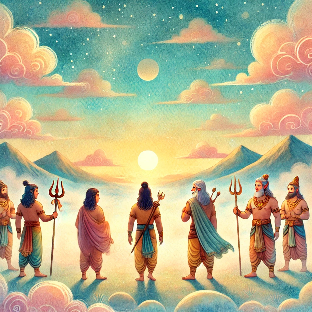 DALL·E 2026-01-29 17.25.45 - Children’s storybook illustration showing devas standing peacefully after a great cosmic battle has ended