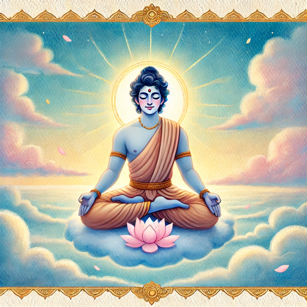 mythology story for kids illustration of Lord Indra meditating in ancient India