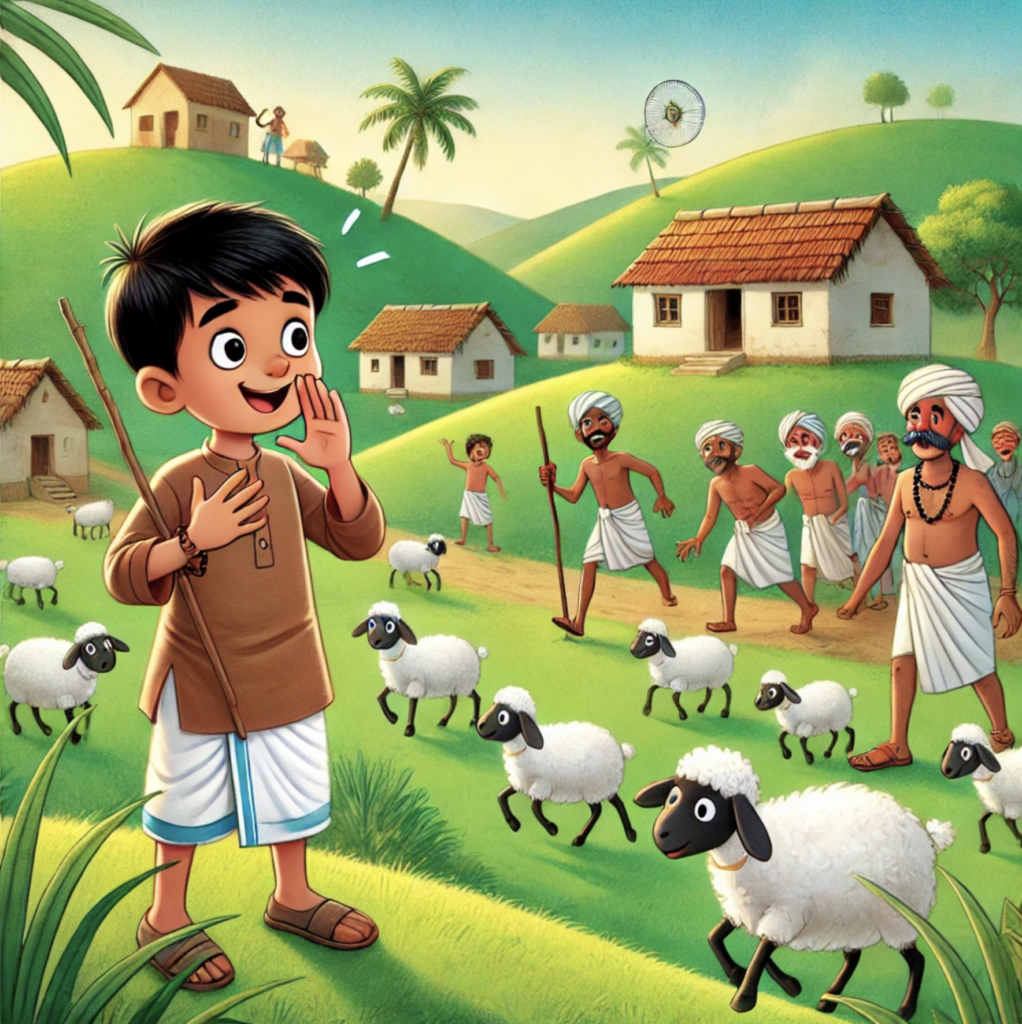 boy who cried wolf story in english,Boy Who Cried Wolf story in English illustration – shepherd boy watching sheep on hill