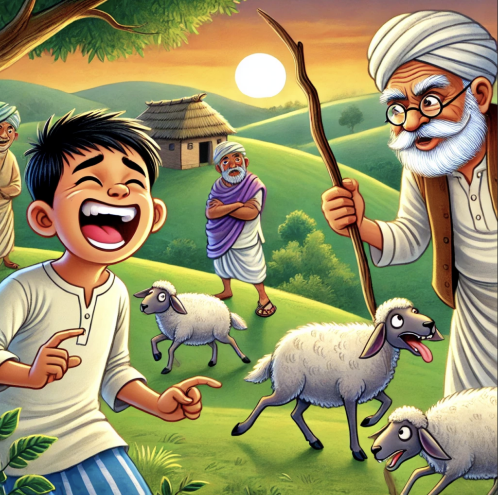 Shepherd boy story picture – boy shouting wolf and villagers running