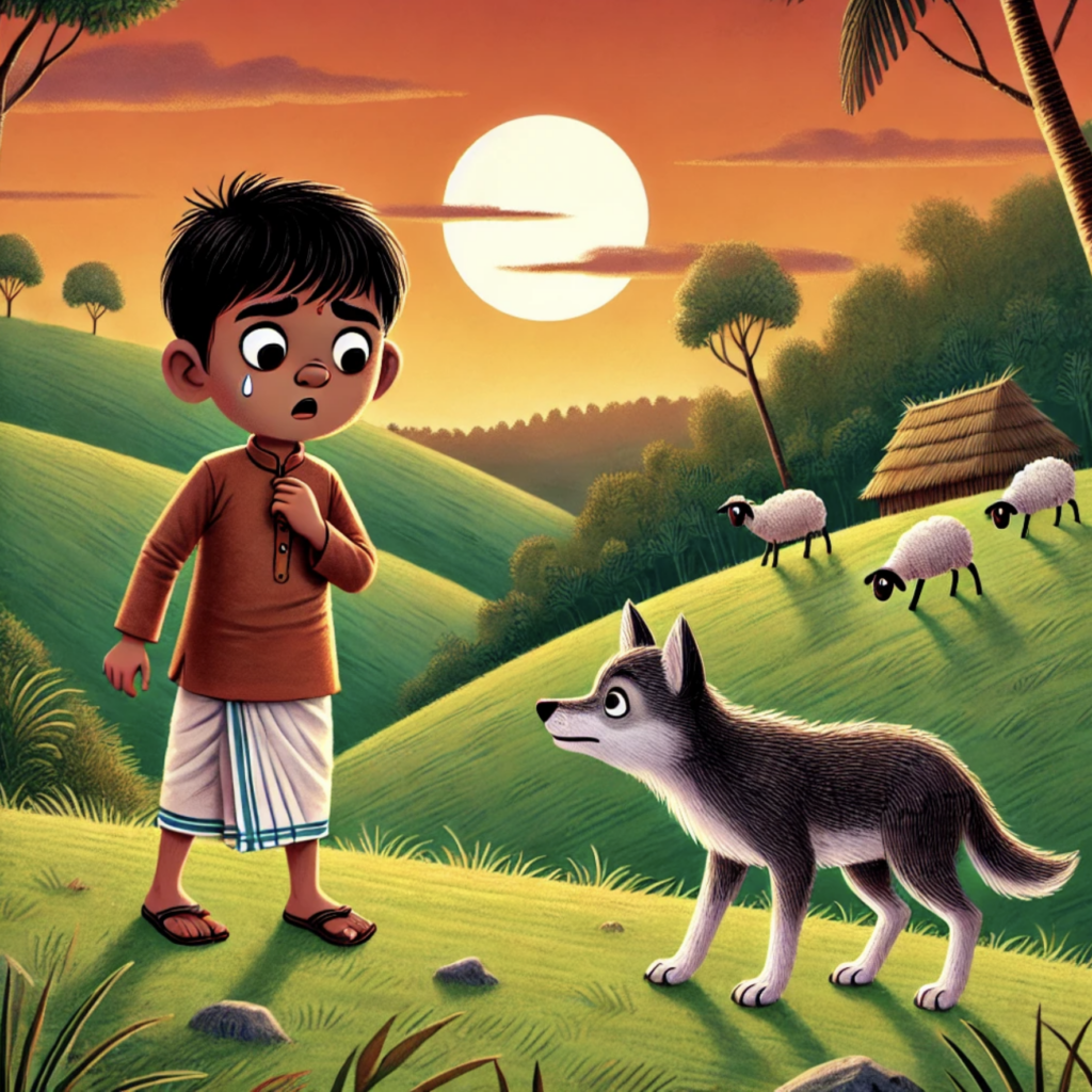 Boy Who Cried Wolf story scene – real wolf attacking sheep