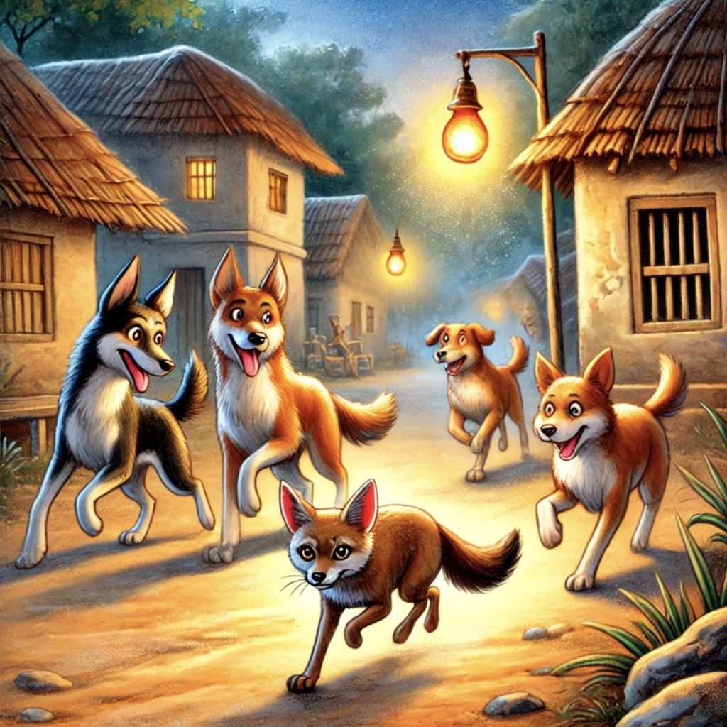 Neela Siyar story scene – dogs chasing jackal in village
