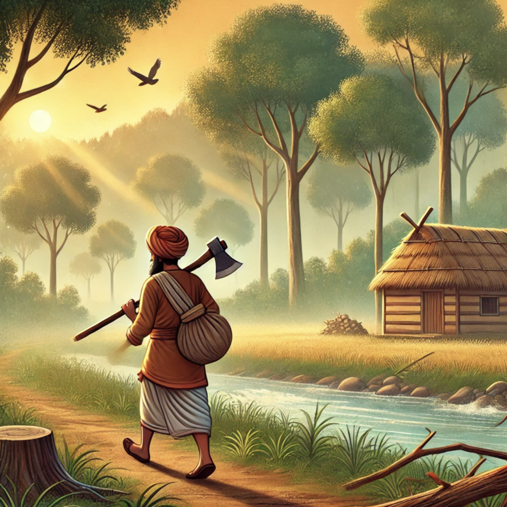 Honest Woodcutter Golden Axe story illustration – greedy villager throws axe into river and river fairy appears