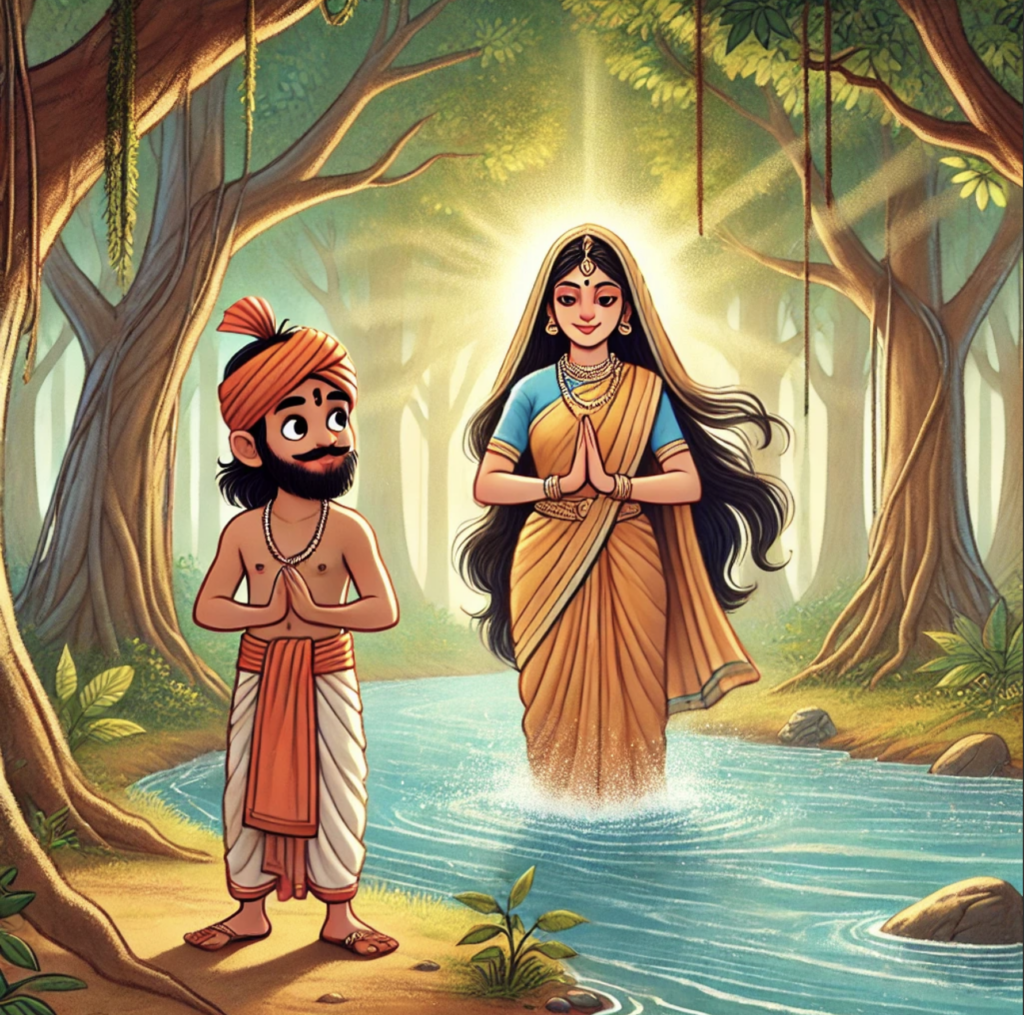 Honest Woodcutter moral story scene – river goddess rising from water