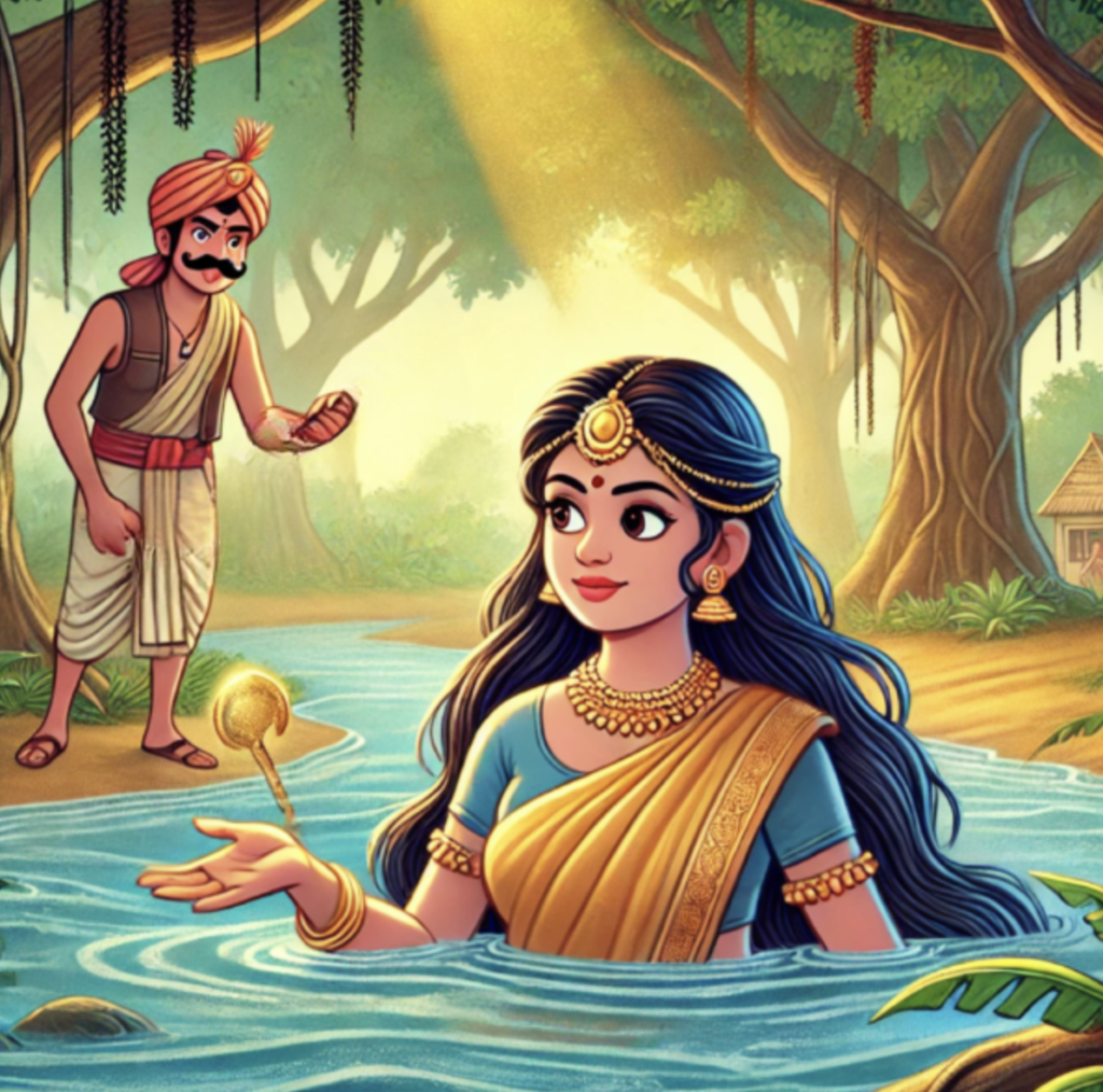 Golden Axe Panchatantra style story – goddess showing golden and silver axe