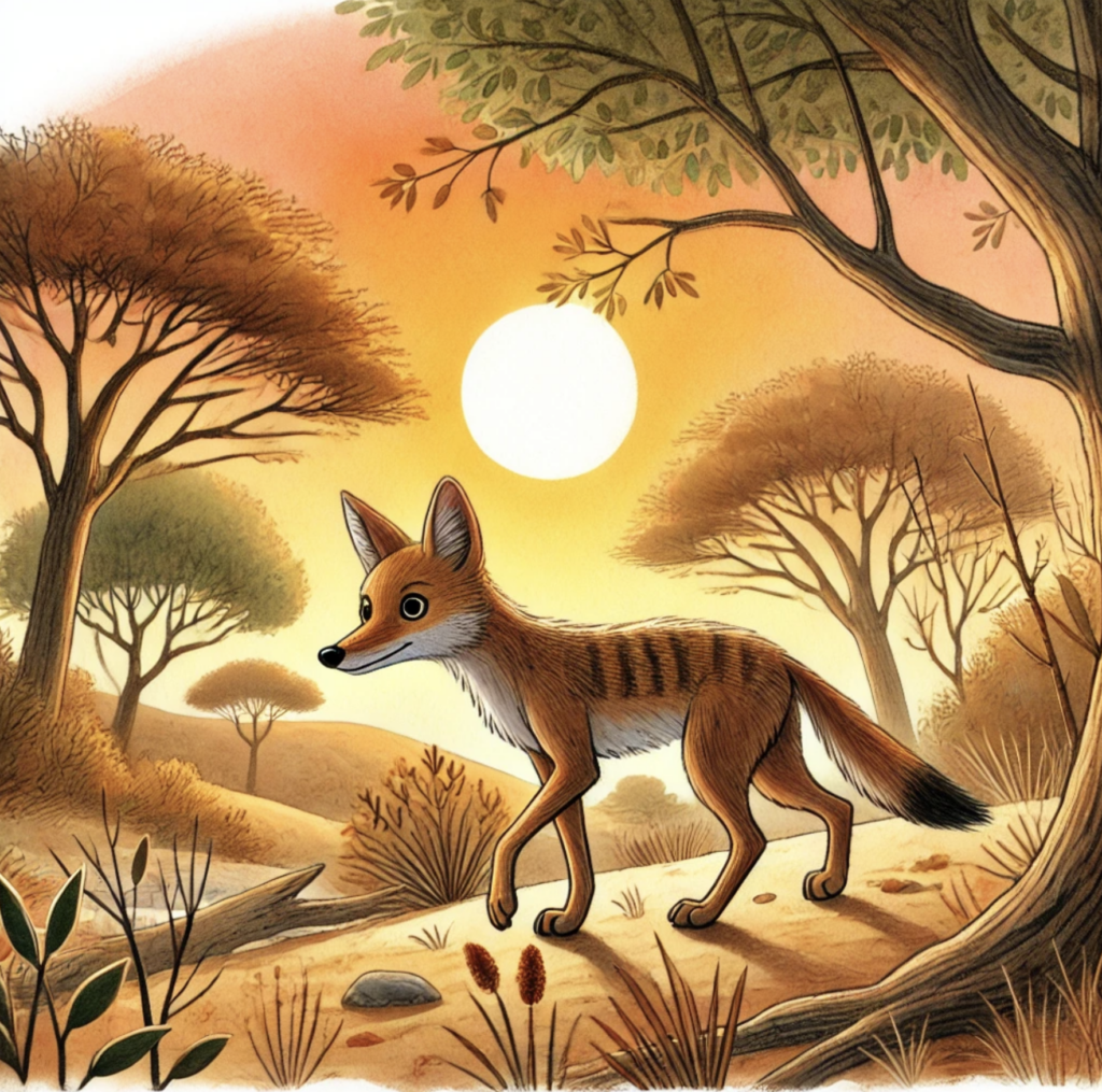 Blue Jackal story illustration – hungry jackal searching food in forest