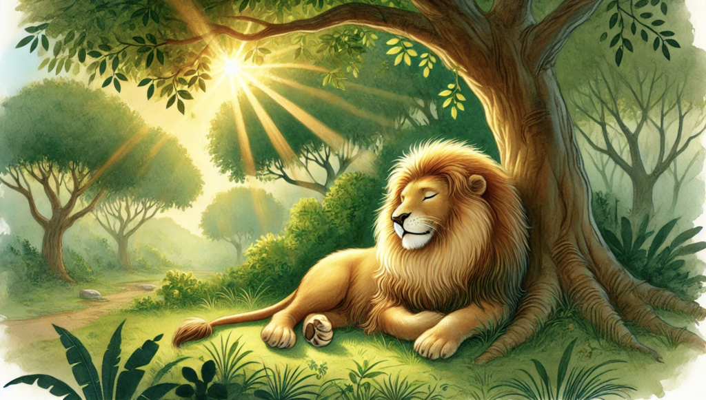 Lion sleeping under tree Lion and the Mouse story illustration