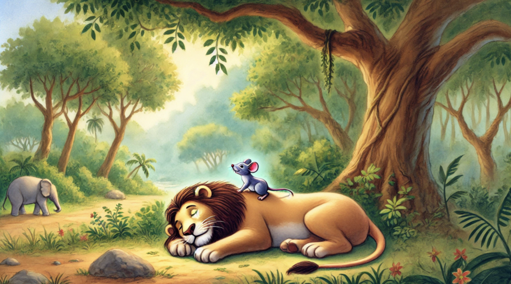 Mouse running on lion back moral story scene