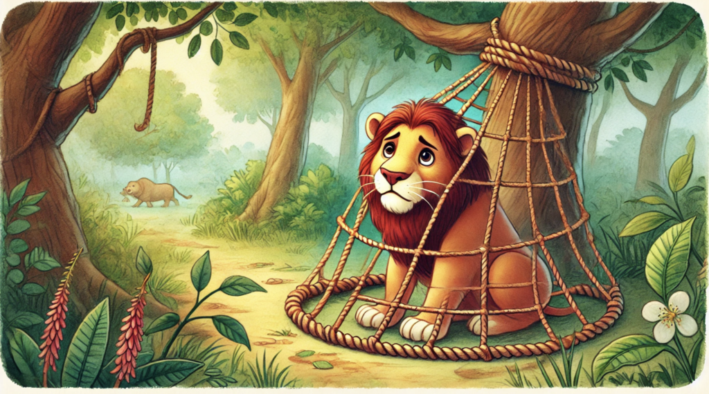 Lion trapped in hunter net moral story illustration