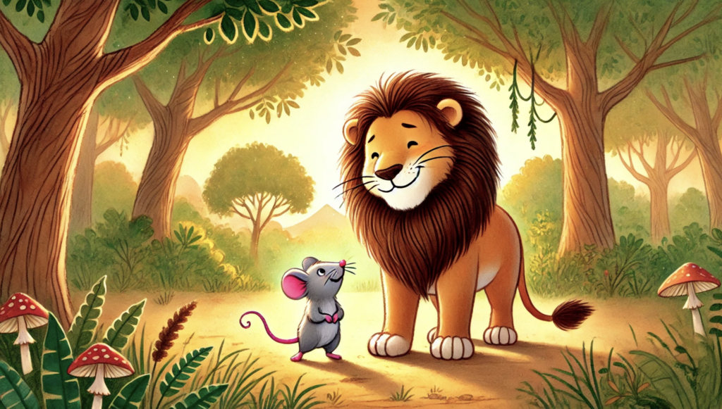 Mouse freeing lion from net Lion and the Mouse story