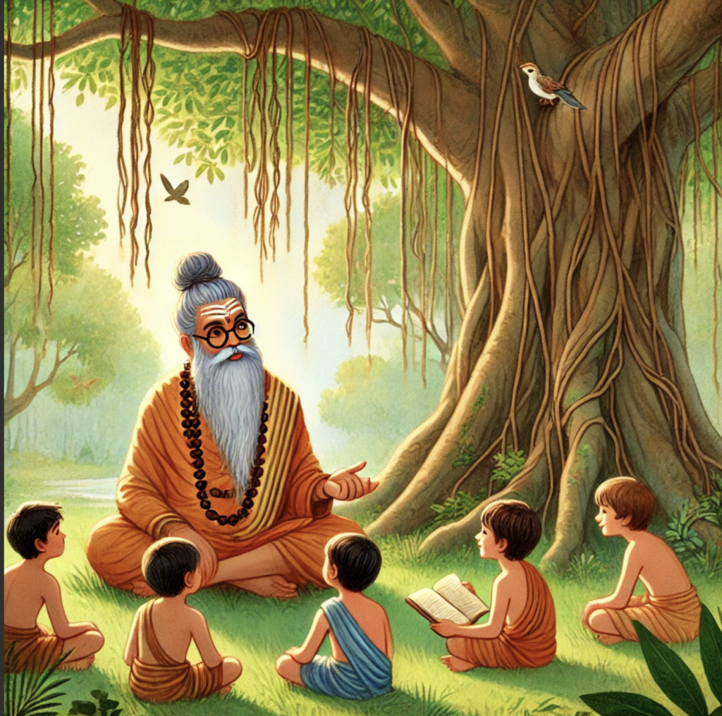 Mythology Story for Kids showing students learning in an ancient Indian gurukul forest ashram