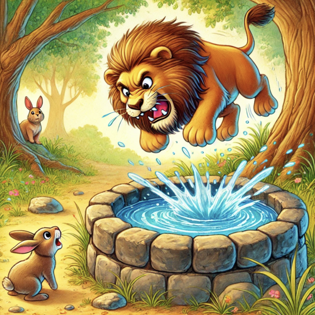 clever rabbit and the lion story lion jumping into the well