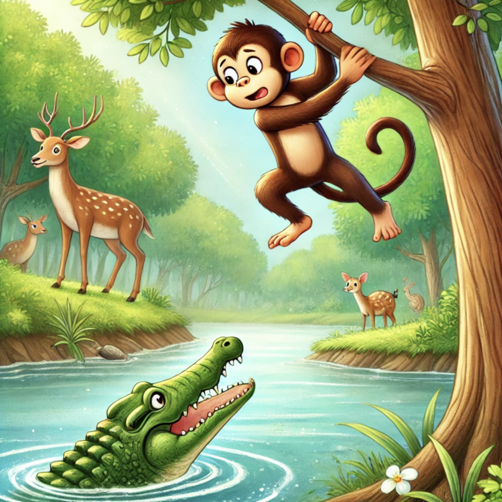 Monkey escaping from crocodile clever plan moral story