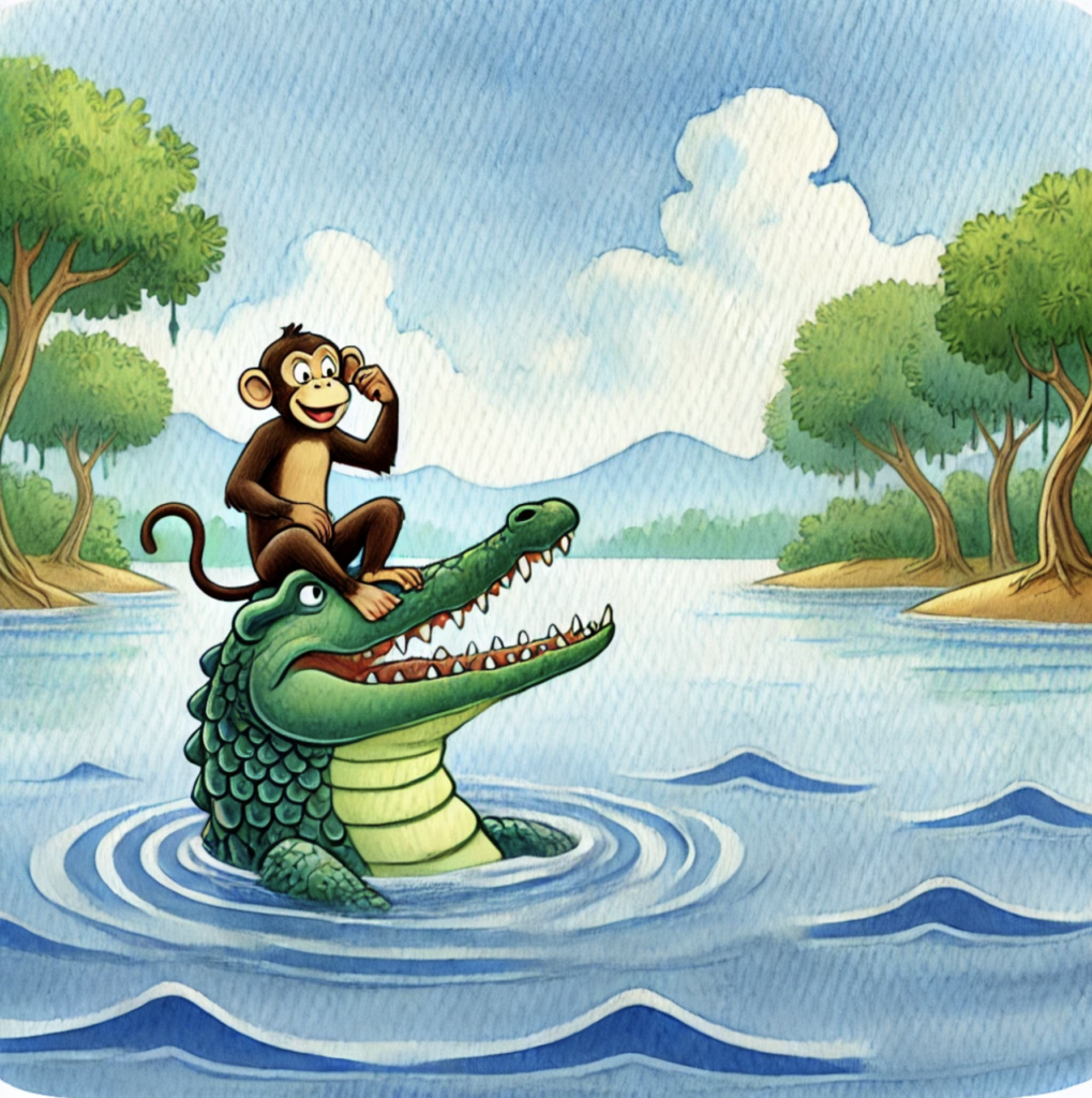 Crocodile telling truth to monkey in river Panchatantra story