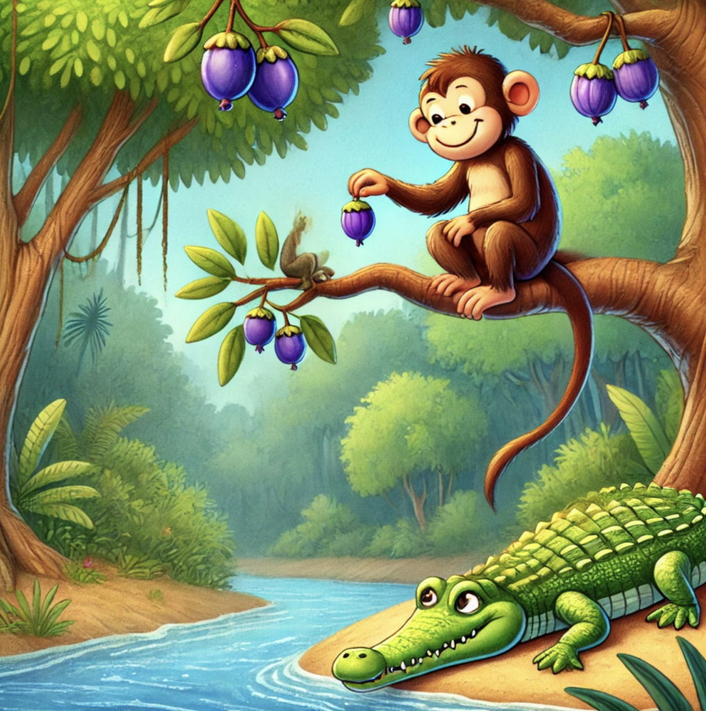 Monkey giving fruits to crocodile Panchatantra story scene