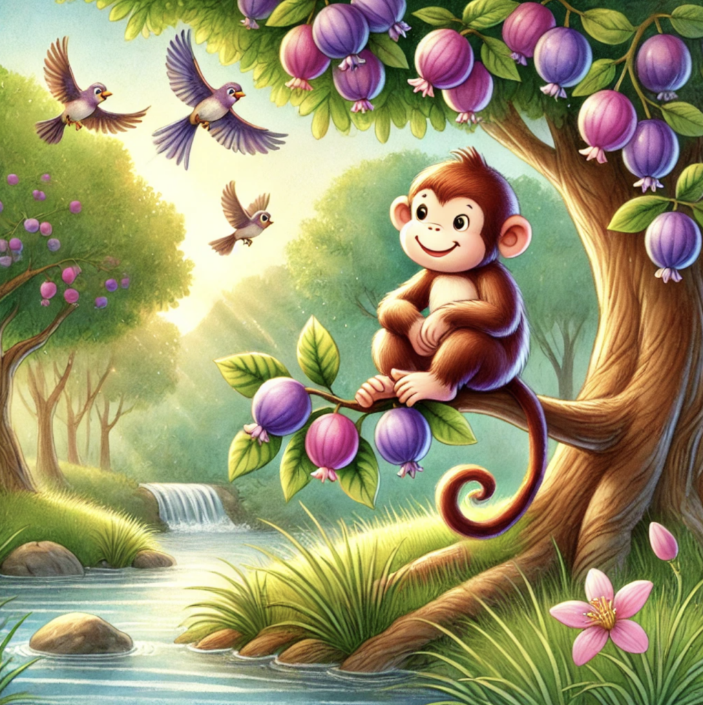 Monkey and the Crocodile story illustration – monkey living on jamun tree near river
