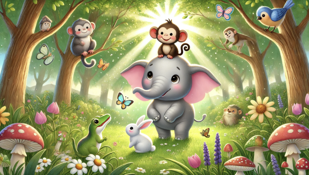 animals becoming friends with elephant after he saves them illustration