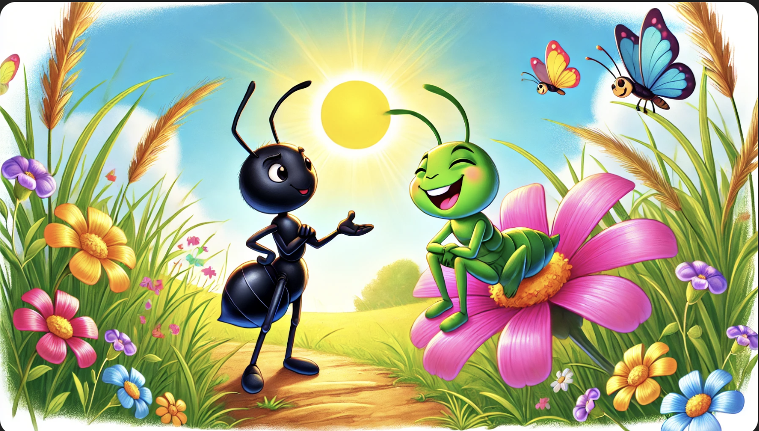 ant and the grasshopper story in english for kids illustration