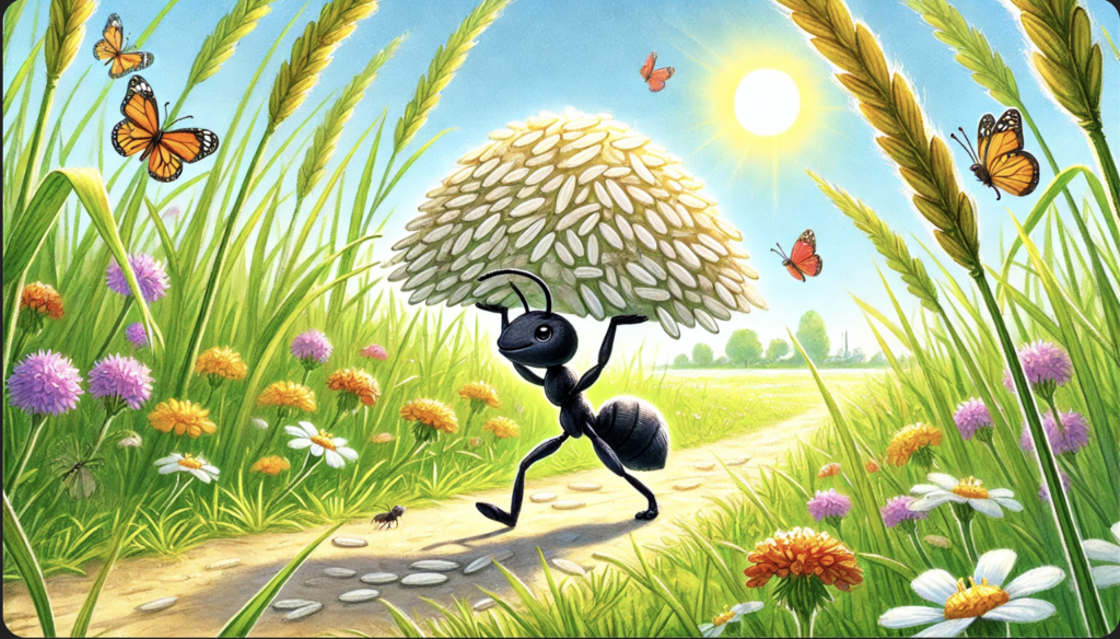 The ant and the grasshopper story ant collecting food in summer