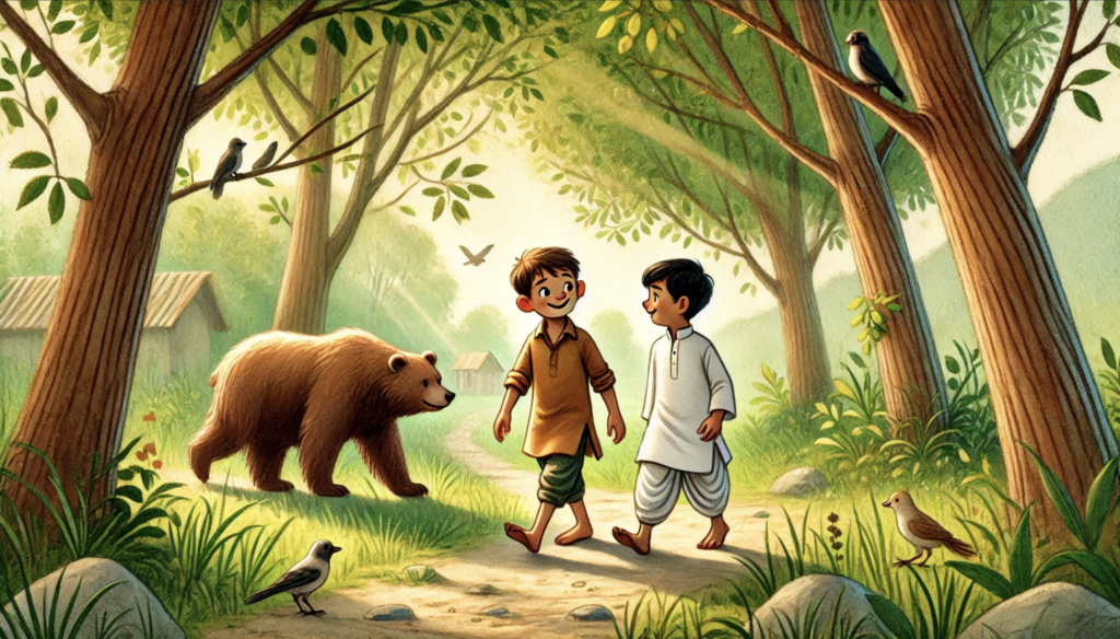 two friends seeing bear on forest path illustration