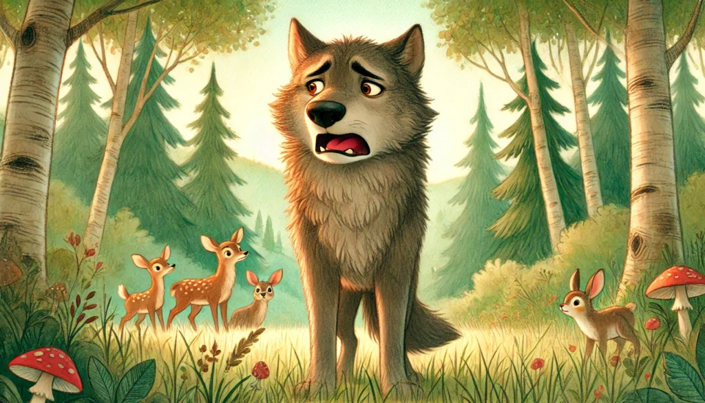 wolf suffering with bone stuck in throat illustration