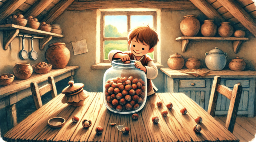 boy grabbing many filberts from jar illustration