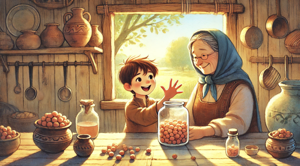 boy learning lesson by taking only few filberts illustration