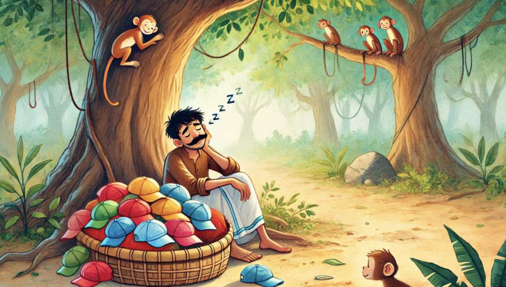 cap seller sleeping under tree while monkeys watch basket of caps-Cap Seller and the Monkeys Story
