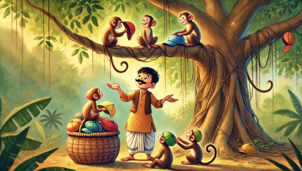 cap seller asking monkeys to return caps illustration