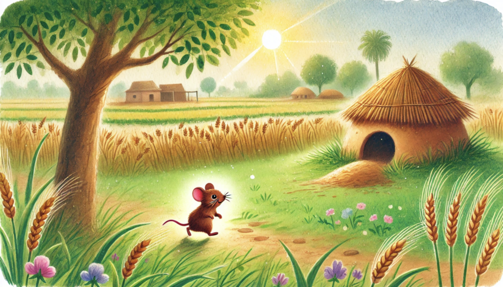 country mouse returning to peaceful countryside field story illustration