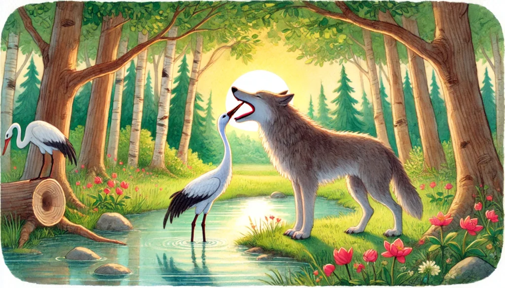 crane removing bone from wolf throat illustration