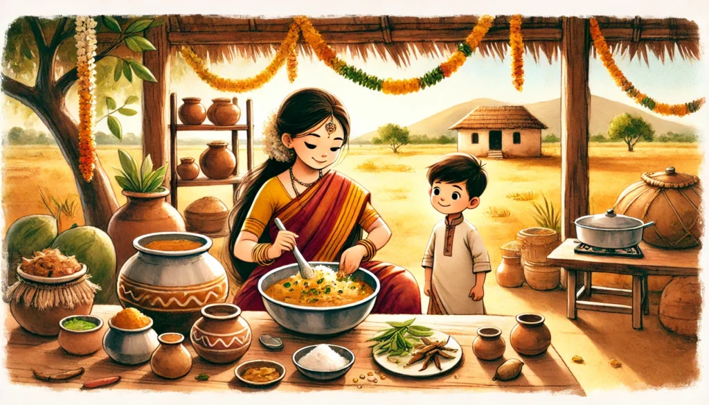 mother making ugadi pachadi while child watches illustration