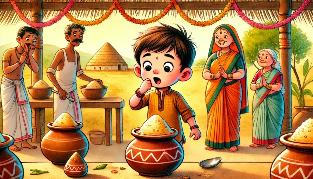 child tasting ugadi pachadi reacting to different flavors illustration