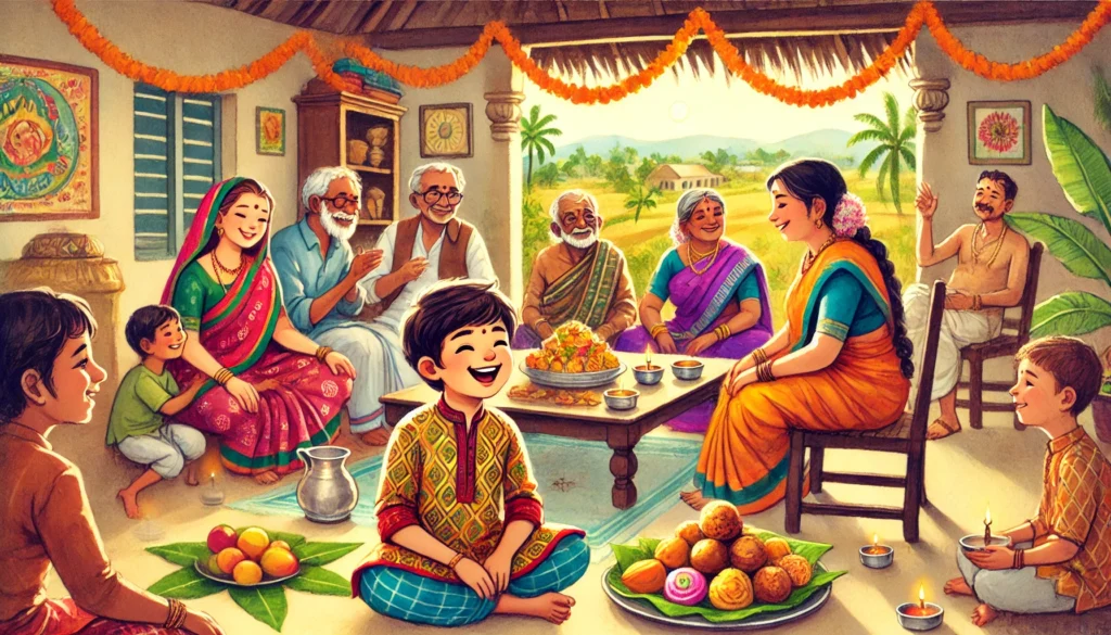 grandmother teaching ugadi life lesson to child illustration