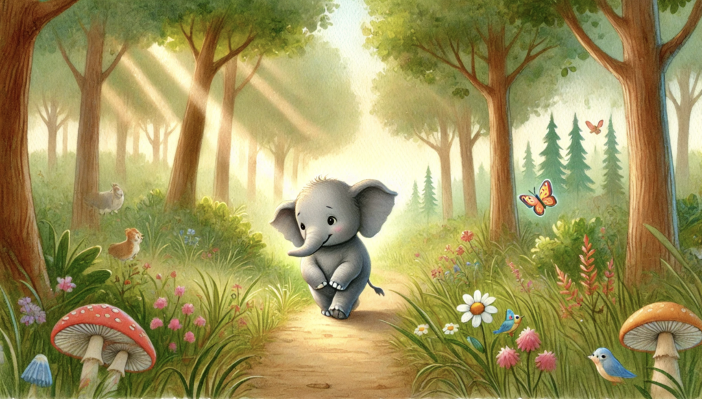 young elephant walking alone in forest looking for friends illustration
