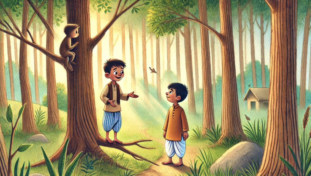 two friends discussing lesson after bear leaves forest story illustration