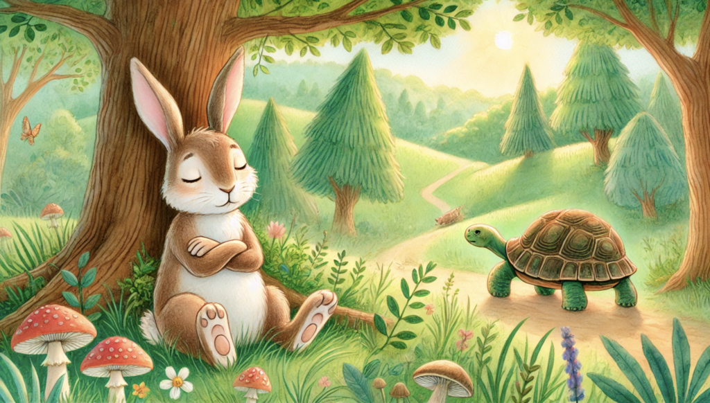 hare sleeping under tree while tortoise continues race