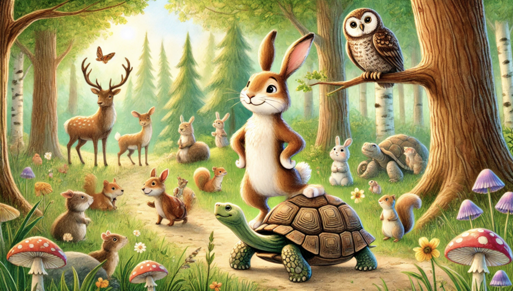 hare challenging tortoise to race while forest animals watch
